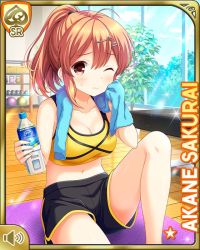 Rule 34 | 1girl, black shorts, bra, breasts, brown eyes, brown hair, card (medium), cleavage, closed mouth, girlfriend (kari), gym, indoors, looking at viewer, midriff, navel, official art, ponytail, qp:flapper, sakurai akane (girlfriend), shirt, shorts, sitting, sports bra, tagme, underwear, workout clothes, yellow bra