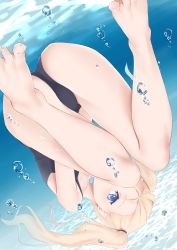 Rule 34 | 1girl, abigail williams (fate), air bubble, ass, bare shoulders, barefoot, black one-piece swimsuit, blonde hair, blue eyes, breasts, bubble, fate/grand order, fate (series), feet, forehead, highres, jilu, legs, long hair, looking at viewer, one-piece swimsuit, parted bangs, small breasts, swimming, swimsuit, toes, twintails, underwater, upside-down
