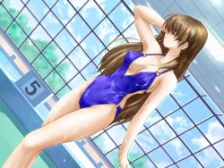 Rule 34 | 1girl, adjusting hair, arm up, breasts, brown hair, covered erect nipples, dutch angle, closed eyes, game cg, horohoro (game), indoors, long hair, mame sensha, medium breasts, non-web source, o-ring, o-ring swimsuit, one-piece swimsuit, pool, poolside, profile, swimsuit, v-neck, wet, window