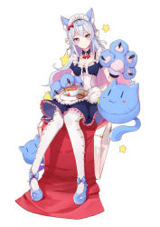 Rule 34 | 1girl, animal ear fluff, animal ears, animal hands, apron, black dress, blue footwear, blush, bow, braid, breasts, brooch, cat ears, cat girl, cat paws, cleavage, closed mouth, collarbone, commentary request, cookie, cup, detached collar, dress, food, frilled dress, frills, full body, gloves, hair bow, hair ribbon, hand up, head tilt, highres, jewelry, long hair, looking at viewer, maid, maid apron, maid headdress, medium breasts, original, pantyhose, paw gloves, purple eyes, ranyu, ribbon, saucer, shoes, short sleeves, silver hair, simple background, sitting, solo, star (symbol), stuffed animal, stuffed cat, stuffed toy, teacup, underbust, white background, white pantyhose