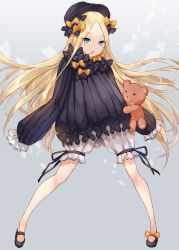 Rule 34 | 1girl, abigail williams (fate), asle, bad id, bad pixiv id, black bow, black dress, black hat, blonde hair, bloomers, blue eyes, blush, bow, commentary request, dress, fate/grand order, fate (series), forehead, full body, hair bow, hat, holding, holding stuffed toy, long hair, looking at viewer, open mouth, orange bow, polka dot, polka dot bow, sleeves past wrists, solo, stuffed animal, stuffed toy, teddy bear, underwear, very long hair, white bloomers
