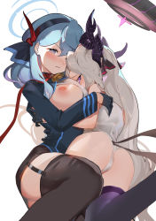 Rule 34 | 2girls, :|, absurdres, ako (blue archive), ass, bell, black gloves, black hairband, black skirt, blue archive, blue eyes, blue hair, blue jacket, blush, boots, bra, bra pull, breasts, breasts out, brown legwear, closed mouth, clothes pull, demon horns, garter belt, gloves, hair between eyes, hair ornament, hair ribbon, hairband, halo, highres, hina (blue archive), horns, hug, jacket, knee boots, large breasts, long hair, long sleeves, looking at viewer, looking back, miniskirt, multiple girls, multiple horns, neck bell, nipples, nose blush, nuda, open clothes, open jacket, panties, parted bangs, purple eyes, ribbon, shirt, simple background, skirt, thighhighs, underwear, very long hair, white background, white bra, white hair, white panties, white shirt