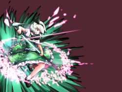 Rule 34 | 1girl, ascot, bad id, bad pixiv id, black footwear, breasts, brown background, cherry blossoms, collared shirt, explosion, frilled skirt, frills, glowing, glowing sword, glowing weapon, green eyes, green skirt, green vest, hairband, highres, katana, konpaku youmu, legs, looking afar, maroon background, mo ne, multiple swords, open mouth, petals, puffy short sleeves, puffy sleeves, scabbard, sheath, sheathed, shirt, shoes, short hair, short sleeves, skirt, small breasts, socks, solo, sword, touhou, unsheathing, untucked shirt, vest, weapon, white hair, white shirt, white socks