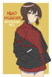 Rule 34 | 1girl, artist name, black jacket, blush stickers, brown background, brown eyes, brown hair, character name, closed mouth, commentary, cowboy shot, dated, dress shirt, english text, frown, girls und panzer, hands in pockets, happy birthday, highres, jacket, kuromorimine military uniform, long sleeves, looking at viewer, military, military uniform, miniskirt, nishizumi maho, off shoulder, open clothes, open jacket, outside border, pleated skirt, red shirt, red skirt, shirt, short hair, simple background, skirt, solo, standing, undressing, uniform, upper body, wing collar, zono (inokura syuzo029)