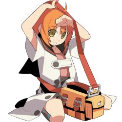 Rule 34 | 1girl, :o, arms up, atlus, bare legs, blush, buttons, dressing, etrian odyssey, full body, green eyes, jacket, looking at viewer, medic, medic (sekaiju), open mouth, orange hair, short hair, short sleeves, simple background, sitting, solo, wariza, white background