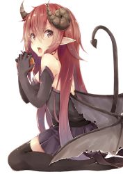 Rule 34 | 1girl, apple, bad id, bad pixiv id, bare shoulders, black gloves, black thighhighs, blush, brown eyes, demon girl, demon tail, eating, elbow gloves, fang, food, fruit, gloves, horns, long hair, looking at viewer, neko sensha, original, pointy ears, red eyes, red hair, simple background, skirt, solo, tail, thighhighs, white background, wings, zettai ryouiki