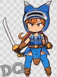 Rule 34 | 1girl, armlet, armor, blue armor, breasts, brown eyes, brown gloves, brown hair, checkered background, chibi, cleavage, closed mouth, daisy (dq), dragon quest, dragon quest yuusha abel densetsu, fake horns, gloves, helmet, horned helmet, horns, ibara., long hair, looking at viewer, smile, solo, square enix, sword, thighhighs, weapon