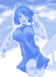 Rule 34 | 1girl, blue theme, bouncing breasts, breasts, cloud, cloudy sky, eyebrows, getsuyoubi no tawawa, grass, impossible clothes, kimi no na wa., knee up, kneehighs, large breasts, miyamizu mitsuha, monochrome, motion lines, open mouth, parody, pleated skirt, ponpon, running, school uniform, short hair, skirt, sky, socks, solo, sweater vest, teeth, wind