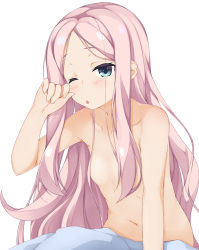 Rule 34 | 1girl, ;o, bed sheet, blue eyes, blush, breasts, cafe stella to shinigami no chou, collarbone, commentary request, hair censor, hair over breasts, hinata masaki, long hair, naked sheet, navel, nude, one eye closed, parted bangs, parted lips, pink hair, rubbing eyes, shioyama suzune, simple background, small breasts, solo, very long hair, waking up, white background