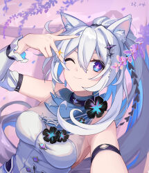 +_+ 1girl ;) absurdres animal_ear_fluff animal_ears arm_strap bare_shoulders blue_eyes blue_nails breasts cat_ears detached_sleeves dress ejieaa hand_up highres honkai_(series) honkai_impact_3rd kiana_kaslana large_breasts long_sleeves looking_at_viewer nail_polish one_eye_closed pink_pupils smile solo upper_body white_dress white_hair