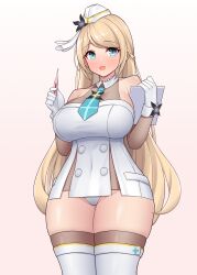 Rule 34 | 1girl, bare shoulders, blonde hair, blue eyes, blue necktie, blush, braid, breasts, buttons, collar, covered navel, cowboy shot, elbow gloves, french braid, gloves, gradient background, hands up, hat, highres, holding, holding thermometer, kangmi carrot, large breasts, legs together, long hair, looking at viewer, necktie, no pants, nurse, open mouth, original, panties, see-through, shirt, skindentation, smile, solo, standing, swept bangs, thermometer, thick thighs, thighhighs, thighs, underwear, very long hair, white collar, white gloves, white hat, white panties, white shirt, wide hips