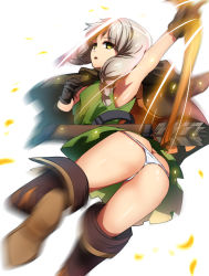 Rule 34 | 1girl, armpits, arrow (projectile), ass, black gloves, boots, bow (weapon), braid, cape, dragon&#039;s crown, elf (dragon&#039;s crown), gloves, highres, long hair, magukappu, motion blur, open mouth, panties, petals, quiver, shorts, simple background, sleeveless, solo, thigh boots, thighhighs, twin braids, underwear, weapon, white background, white hair, white panties, yellow eyes