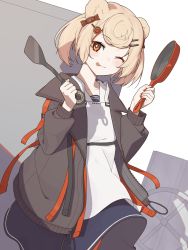 Rule 34 | 1girl, ;p, animal ears, arknights, bear ears, bear girl, black jacket, black skirt, blonde hair, candy hair ornament, collarbone, food-themed hair ornament, frying pan, gummy (arknights), gummy (elite ii) (arknights), hair ornament, hairclip, highres, holding, holding frying pan, holding spatula, jacket, long sleeves, one eye closed, open clothes, open jacket, orange eyes, short hair, shoujo l, skirt, smile, solo, spatula, tongue, tongue out