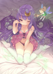 Rule 34 | 1girl, babydoll, bare shoulders, between legs, black panties, bow, bow panties, breasts, cleavage, collarbone, crescent, crescent hair ornament, fairy, hair ornament, hand between legs, long hair, medium breasts, navel, one eye closed, panties, patchouli knowledge, pokachu, purple hair, red bow, sitting, solo, strap slip, tears, thighhighs, touhou, underwear, very long hair, wariza, white thighhighs