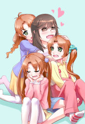 Rule 34 | 4girls, :d, ^ ^, ahoge, antenna hair, blue background, blush, braid, brown eyes, brown hair, closed eyes, fang, girl sandwich, green eyes, hair ornament, hands on own cheeks, hands on own face, head tilt, heart, highres, hug, hug from behind, ichijou hotaru, koshigaya komari, long sleeves, multiple girls, multiple persona, no shoes, non non biyori, open mouth, pantyhose, pd (seripanda), sandwiched, scrunchie, side ponytail, simple background, smile, sweater, thighhighs, two side up, wavy mouth, yuri