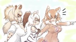 Rule 34 | 3girls, aardwolf (kemono friends), aardwolf print, animal ears, animal print, bare shoulders, black hair, breast pocket, brown hair, closed mouth, elbow gloves, empty eyes, extra ears, fang, from side, fur collar, fur scarf, gloves, height difference, high ponytail, highres, hyena ears, hyena girl, hyena tail, japanese wolf (kemono friends), kemono friends, layered sleeves, long hair, long sleeves, looking afar, looking at another, mo23, multicolored hair, multiple girls, neckerchief, open mouth, outstretched arm, plaid neckerchief, pocket, pointing, pointing forward, ponytail, print gloves, print shirt, print sleeves, sailor collar, scarf, shirt, short over long sleeves, short sleeves, sidelocks, sleeveless, sleeveless shirt, smile, spotted hyena (kemono friends), tail, two-tone hair, upper body, white hair, wolf ears, wolf girl, wolf tail, yellow eyes