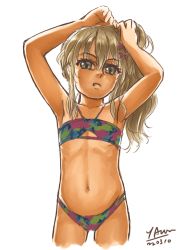 Rule 34 | 1girl, arimura yuu, bikini, blonde hair, blue bikini, commentary request, cowboy shot, dark skin, dated, denim, flat chest, grecale (kancolle), grey eyes, halterneck, highres, holding, holding own hair, kantai collection, long hair, official alternate costume, signature, solo, standing, swimsuit, tan, wavy hair, white background