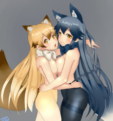 Rule 34 | 10s, 2girls, :o, animal ears, arm up, asymmetrical docking, black pantyhose, blue bow, blue bowtie, blue hair, blush, bow, bowtie, breast press, breasts, brown hair, commentary, cowboy shot, embarrassed, ezo red fox (kemono friends), fox ears, fox tail, from side, grey background, hand on another&#039;s hip, highres, kemono friends, light frown, long hair, looking at viewer, looking to the side, medium breasts, multiple girls, open mouth, pantyhose, raised eyebrows, s.u. (simpleu818), sideboob, signature, silver fox (kemono friends), silver hair, simple background, small breasts, standing, tail, thighband pantyhose, topless, very long hair, white bow, white bowtie, yellow legwear, yuri