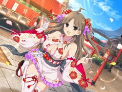Rule 34 | 1girl, ahoge, architecture, blue sky, blush, bow, breasts, brown eyes, brown hair, building, bush, cleavage, cloud, collarbone, criss-cross halter, day, dirt, earrings, east asian architecture, feet, floral print kimono, flower, frilled kimono, frills, hair flower, hair ornament, halterneck, hatsumoude, japanese clothes, jewelry, kimono, lantern, large breasts, lens flare, light particles, lightning ahoge, long hair, looking at viewer, new year, obi, official alternate costume, official art, okobo, omikuji, open mouth, outdoors, pink kimono, pink thighhighs, plant, print kimono, purple kimono, red bow, red tassel, renka (senran kagura), rope, sandals, sash, senran kagura, senran kagura estival versus, senran kagura new link, shide, shimenawa, shinto, shiny skin, short kimono, shrine, skindentation, sky, sliding doors, smile, solo, sparkle, stairs, standing, stone stairs, stone walkway, sunlight, tabi, tassel, tassel hair ornament, temple, thighhighs, tomoe (symbol), tongue, tree, twintails, wide sleeves, wooden lantern, yaegashi nan