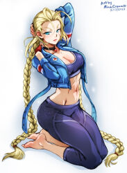 Rule 34 | 1girl, antenna hair, artist name, barefoot, blonde hair, blue eyes, blue jacket, blush, braid, breasts, cammy white, choker, dated, jacket, long hair, looking at viewer, medium breasts, mina cream, pants, scar, signature, sports bra, street fighter, street fighter 6, twin braids, twintails, very long hair, yoga pants