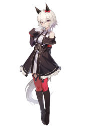 Rule 34 | 1girl, absurdres, animal ears, arm behind back, bare shoulders, boots, breasts, brown footwear, closed mouth, collared dress, curren chan (umamusume), detached sleeves, dress, full body, gloves, grey hair, hand up, highres, horse ears, horse girl, horse tail, long sleeves, looking at viewer, medium breasts, purple eyes, red thighhighs, short hair, simple background, sleeveless, sleeveless dress, smile, solo, tail, thighhighs, umamusume, white background, white gloves, yuku~