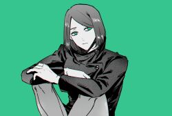 Rule 34 | 1girl, buttons, closed mouth, commentary request, fushirun rung, green background, green eyes, highres, ieiri shoko, jacket, jujutsu kaisen, long sleeves, looking to the side, school uniform, short hair, simple background, sitting, skirt, solo