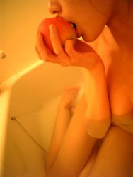 Rule 34 | 1girl, apple, asian, bathtub, dutch angle, food, fruit, highres, indoors, nude, partially submerged, photo (medium), solo, tachibana riko