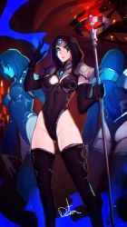 Rule 34 | 3girls, armor, blue eyes, breasts, brown thighhighs, clone, covered navel, diadem, distr, elbow gloves, facial mark, gloves, grin, highleg, highleg leotard, highres, holding, holding staff, jandice barov, leotard, looking at viewer, medium breasts, multiple girls, pauldrons, purple gloves, shoulder armor, smile, staff, standing, thighhighs, warcraft, world of warcraft