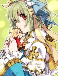 Rule 34 | 1girl, ahat (ragnarok online), arch bishop (ragnarok online), blue dress, bow, character doll, closed mouth, commentary request, cross, doll, dress, frilled dress, frilled sleeves, frills, gold trim, green background, green hair, hairband, holding, holding doll, long hair, official alternate costume, ragnarok online, red eyes, solo, tokio (okt0w0), two-tone dress, upper body, white dress, yellow bow, yellow hairband