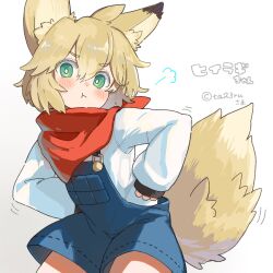 Rule 34 | 1girl, :t, animal ears, bandana, blonde hair, blush, commentary request, fox ears, fox girl, fox tail, gradient background, green eyes, grey background, hair between eyes, hands on own hips, highres, leaning forward, long sleeves, looking at viewer, original, overall shorts, overalls, pout, puffy long sleeves, puffy sleeves, shirt, short eyebrows, sleeves past wrists, solo, tail, thick eyebrows, translation request, twitter username, umino hotate, white background, white shirt