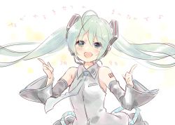 1girl, :d, ahoge, bangs, bare shoulders, black skirt, black sleeves, blue neckwear, blush, collared shirt, commentary request, detached sleeves, dress shirt, ech, eyebrows visible through hair, green eyes, green hair, grey shirt, hair between eyes, hands up, hatsune miku, headphones, headset, index finger raised, long hair, long sleeves, looking at viewer, necktie, open mouth, pleated skirt, shirt, skirt, sleeveless, sleeveless shirt, smile, solo, tie clip, translation request, twintails, very long hair, vocaloid, white background, wide sleeves