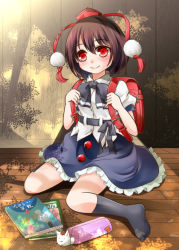 Rule 34 | 1girl, backpack, bag, black hair, black socks, commentary request, dappled sunlight, hat, hat ribbon, kneehighs, md5 mismatch, minase tamaki, no shoes, pencil case, pom pom (clothes), puffy short sleeves, puffy sleeves, randoseru, red eyes, resolution mismatch, ribbon, shameimaru aya, shirt, short hair, short sleeves, sitting, skirt, smile, socks, solo, source smaller, sunlight, tokin hat, touhou, wariza, wooden floor