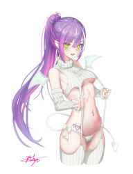Rule 34 | 1girl, absurdres, alternate costume, bare shoulders, breasts, chaciooh, crop top, cropped legs, demon tail, demon wings, detached sleeves, ear piercing, earrings, fang, garter straps, green eyes, highres, hololive, jewelry, long hair, long sleeves, looking at viewer, medium breasts, meme attire, mini wings, multicolored hair, navel, navel piercing, no bra, open mouth, panties, piercing, pink hair, ponytail, pulling own clothes, purple hair, revealing clothes, revision, ribbed panties, ribbed shirt, ribbed sleeves, ribbed thighhighs, shirt, side-tie panties, sidelocks, simple background, sleeveless, sleeveless shirt, sleeveless turtleneck, smile, solo, stomach, strap pull, streaked hair, string panties, tail, thighhighs, thighs, tokoyami towa, turtleneck, two-tone hair, underboob, underwear, v-shaped eyebrows, very long hair, virgin destroyer sweater, virtual youtuber, white background, white panties, white shirt, white thighhighs, wings