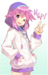 Rule 34 | &gt;;d, &gt; o, 10s, 1girl, ;d, blush, fingernails, ge-b, gradient background, hair ornament, hand in pocket, highres, hood, hooded track jacket, jacket, long sleeves, looking at viewer, neptune (neptunia), neptune (series), one eye closed, open mouth, purple eyes, purple hair, smile, solo, track jacket, v, v-shaped eyebrows