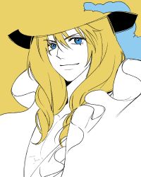 Rule 34 | 1boy, blonde hair, blue eyes, cavendish, coat, collar, drill hair, eyelashes, frilled coat, frilled collar, frills, hair between eyes, hat, hat feather, highres, long hair, looking at viewer, male focus, one piece, ppyobong11, smile, solo, upper body, yellow background