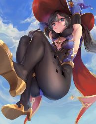 Rule 34 | 1girl, arms up, black pantyhose, blue eyes, blue sky, breasts, cape, day, genshin impact, hat, high heels, legs, leotard, looking at viewer, mona (genshin impact), pantyhose, purple hair, shoe soles, sky, solo, witch hat, wonchun