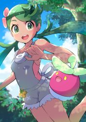 Rule 34 | 1girl, :d, absurdres, bare arms, blush, bounsweet, chromatic aberration, cloud, commentary, creatures (company), day, eyelashes, flower, game freak, gen 7 pokemon, green eyes, green hair, hair flower, hair ornament, highres, leg up, long hair, looking to the side, mallow (pokemon), nintendo, open mouth, outdoors, overalls, pink flower, pokemon, pokemon (creature), pokemon sm, pon yui, sky, smile, swept bangs, teeth, tongue, tree, twintails, upper teeth only