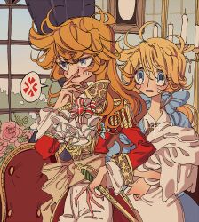 Rule 34 | 2girls, anger vein, annoyed, ascot, blonde hair, blue dress, blue eyes, candle, covering own mouth, cowboy shot, curtains, dress, epaulettes, flower, frown, hair between eyes, hand over own mouth, hand up, indoors, jacket, long hair, long sleeves, looking at another, meremero, multiple girls, open mouth, orange hair, oscar francois de jarjayes, pants, picture frame, pink flower, pink rose, rapier, red jacket, rosalie lamorliere, rose, speech bubble, spoken anger vein, standing, sweatdrop, sword, versailles no bara, weapon, white ascot, white pants, window, worried