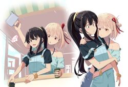 Rule 34 | 2girls, absurdres, bare shoulders, bikini, bikini under clothes, black hair, black shirt, blonde hair, blue shirt, blue shorts, blush, bracelet, chai haru, closed mouth, collarbone, commentary request, cropped shirt, cup, english text, hair between eyes, hair ribbon, highres, holding, holding cup, hug, hug from behind, inoue takina, jewelry, long hair, looking at another, lycoris recoil, matching accessory, multiple girls, multiple views, nishikigi chisato, off-shoulder shirt, off shoulder, official alternate costume, official alternate hairstyle, one side up, oop, open mouth, overalls, ponytail, purple eyes, red eyes, red ribbon, ribbon, shirt, short hair, short sleeves, shorts, sidelocks, simple background, speech bubble, strap slip, swimsuit, swimsuit under clothes, tied shirt, white background, yuri