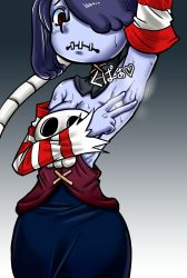 Rule 34 | 1girl, arm up, armpit focus, armpits, bare shoulders, blue skin, breasts, cleavage, colored skin, detached collar, detached sleeves, frown, hair over one eye, kupaa, leviathan (skullgirls), long skirt, presenting armpit, red eyes, side ponytail, skg, skirt, skull, skullgirls, smell, solo, spread armpit, squigly (skullgirls), stitched mouth, stitches, striped, striped sleeves, sweat, wide hips, zombie