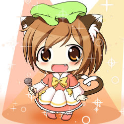 Rule 34 | 1girl, :d, alternate costume, animal ears, bow, brown eyes, brown hair, cat ears, cat tail, chen, chibi, dress bow, fang, green hat, hat, kurumai, long sleeves, microphone, mob cap, multiple tails, nekomata, one-hour drawing challenge, open mouth, orange background, short hair, smile, solo, tail, touhou, two tails