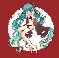 Rule 34 | 1girl, absurdly long hair, absurdres, ankle cuffs, aqua eyes, aqua hair, arms at sides, bare legs, bare shoulders, barefoot, black bra, black panties, bra, breasts, choker, circle, cleavage, closed mouth, curly hair, detached sleeves, doily, dot nose, frilled bra, frilled sleeves, frills, full body, groin, hair between eyes, hairband, hatsune miku, highres, iroha (hourai 24), lace, lace trim, legs apart, lolita fashion, lolita hairband, long hair, looking at viewer, navel, number tattoo, panties, patterned background, red background, ribbon, ribbon choker, serious, shoulder tattoo, simple background, sleeves past fingers, sleeves past wrists, small breasts, solo, stomach, striped bra, striped clothes, striped ribbon, tattoo, thigh strap, toenails, tsurime, twintails, underwear, underwear only, vertical-striped bra, vertical-striped clothes, very long hair, vocaloid, white ribbon, wide sleeves