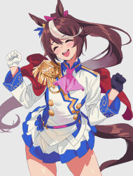 Rule 34 | 1girl, animal ears, asymmetrical gloves, blue gloves, blue jacket, blue shirt, blush, brown hair, cape, clenched hands, closed eyes, commentary, cowboy shot, ear ornament, epaulettes, gloves, grey background, highres, horse ears, horse girl, horse tail, jacket, long hair, long sleeves, mismatched gloves, multicolored clothes, multicolored hair, multicolored jacket, open mouth, pleated skirt, ponytail, red cape, sarcophage, shirt, side cape, simple background, single epaulette, skirt, smile, streaked hair, tail, tokai teio (umamusume), two-tone jacket, two-tone skirt, umamusume, white gloves, white hair, white jacket, white skirt