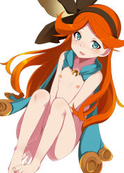 Rule 34 | 1girl, barefoot, blue eyes, blush, breasts, cape, feet, granblue fantasy, long hair, looking at viewer, maze (gochama ze gohan), naked cape, nipples, orange hair, sara (granblue fantasy), small breasts, smile, solo