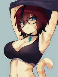 Rule 34 | 1girl, aeiou (yoako), alternate breast size, animal ears, animal nose, armpits, arms up, black-framed eyewear, black bra, black choker, black hair, black shirt, blue background, blue eyes, body fur, borrowed character, bra, breasts, cat ears, cat girl, cat tail, choker, cleavage, closed mouth, collarbone, female focus, furry, furry female, glasses, large breasts, looking at viewer, multicolored fur, multicolored hair, navel, nyaivie, orange fur, original, red hair, shirt, short hair, sidelocks, simple background, solo, standing, stomach, striped fur, striped tail, tail, two-tone hair, underwear, undressing, upper body, yellow fur