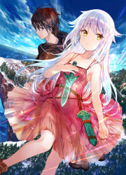 Rule 34 | 1boy, 1girl, absurdres, ahoge, bare arms, black eyes, black hair, blush, circle skirt, copyright request, cover image, day, dress, forest, fuzichoco, hair between eyes, highres, holding, holding weapon, knife, long hair, looking at viewer, nature, novel illustration, ocean, official art, outdoors, red dress, red eyes, scabbard, sheath, shoes, short hair, silver hair, sky, sleeveless, smile, textless version, weapon