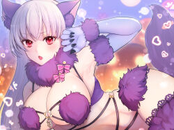 Rule 34 | 1girl, animal ears, bare shoulders, blush, bow, breasts, cleavage, cosplay, elbow gloves, fate/grand order, fate (series), fufufu hehehe, fur-trimmed gloves, fur-trimmed legwear, fur collar, fur trim, gloves, highres, kama (fate), lace, lace-trimmed legwear, lace trim, large breasts, long hair, looking at viewer, mash kyrielight, mash kyrielight (dangerous beast), mash kyrielight (dangerous beast) (cosplay), o-ring, open mouth, purple gloves, purple thighhighs, red eyes, revealing clothes, tail, thighhighs, white hair, wolf ears, wolf tail
