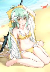 Rule 34 | 1girl, absurdres, arm up, bare shoulders, barefoot, beach, bikini, blush, breasts, cleavage, fate/grand order, fate (series), feet, green hair, hair ribbon, highres, kiyohime (fate), kiyohime (fate/grand order), kiyohime (swimsuit lancer) (fate), kiyohime (swimsuit lancer) (first ascension) (fate), long hair, looking at viewer, moyoron, navel, ponytail, ribbon, sitting, smile, solo, swimsuit, weapon, yellow eyes