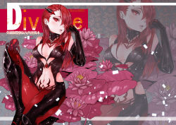 Rule 34 | 1girl, alternate costume, alternate hairstyle, breasts, bug, canking, cleavage, earrings, elbow gloves, elise (league of legends), flower, gloves, hair in own mouth, hair over one eye, jewelry, leaf, league of legends, navel, red eyes, red hair, solo, spider