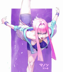 Rule 34 | 1girl, ass, ballerina, blue eyes, breasts, capcom, conto, dougi, highres, hime cut, large breasts, leg up, manon legrand, one eye closed, pink hair, sideboob, standing, standing on one leg, street fighter, street fighter 6, wristband